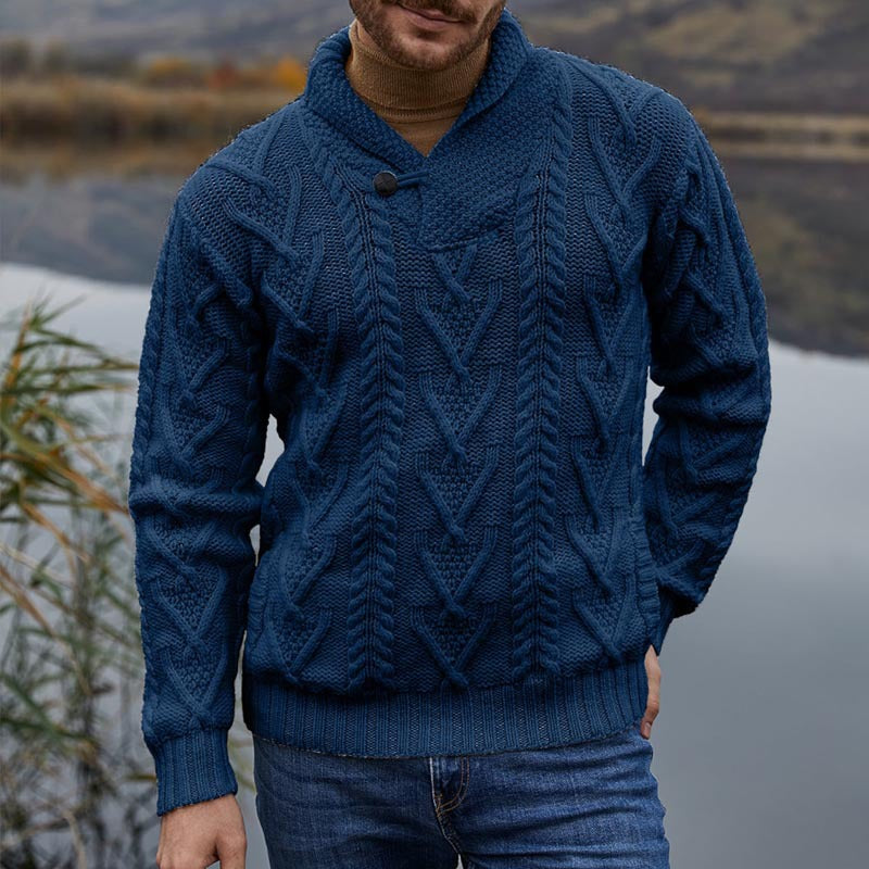 Men’s Pullover Sweater – Wool Blend – Relaxed Fit – Cable Knit – Shawl Collar 1