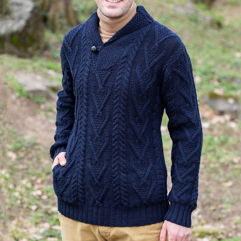 Men’s Pullover Sweater – Wool Blend – Relaxed Fit – Cable Knit – Shawl Collar 3