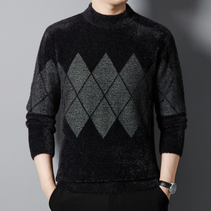 Men’s Sweater - Mock Neck - Argyle Pattern - Long Sleeve Soft Knit Casual Wear 1