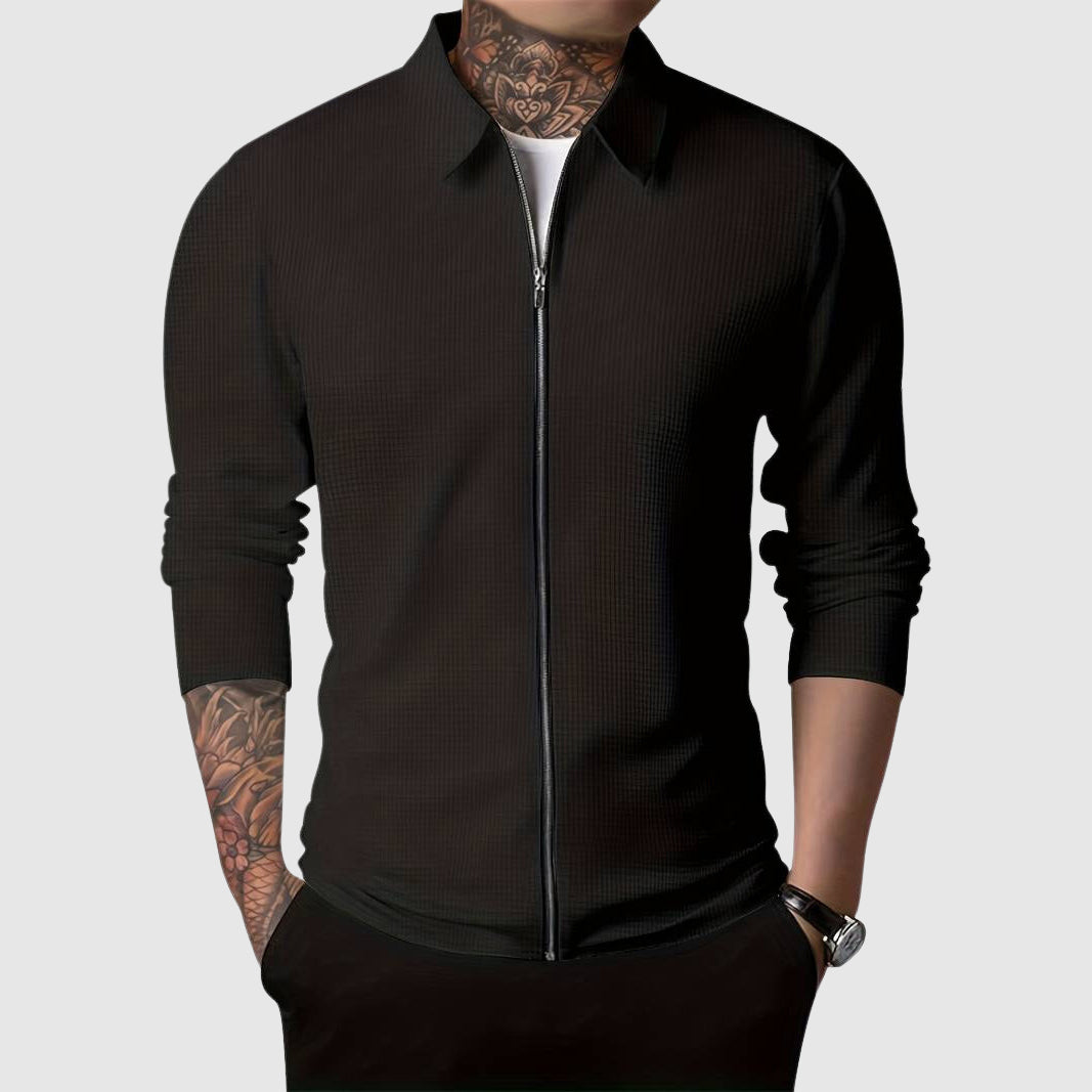 Men’s Zip-Up Sweater – Waffle Knit – Fitted Design – Long Sleeve Casual Wear 1
