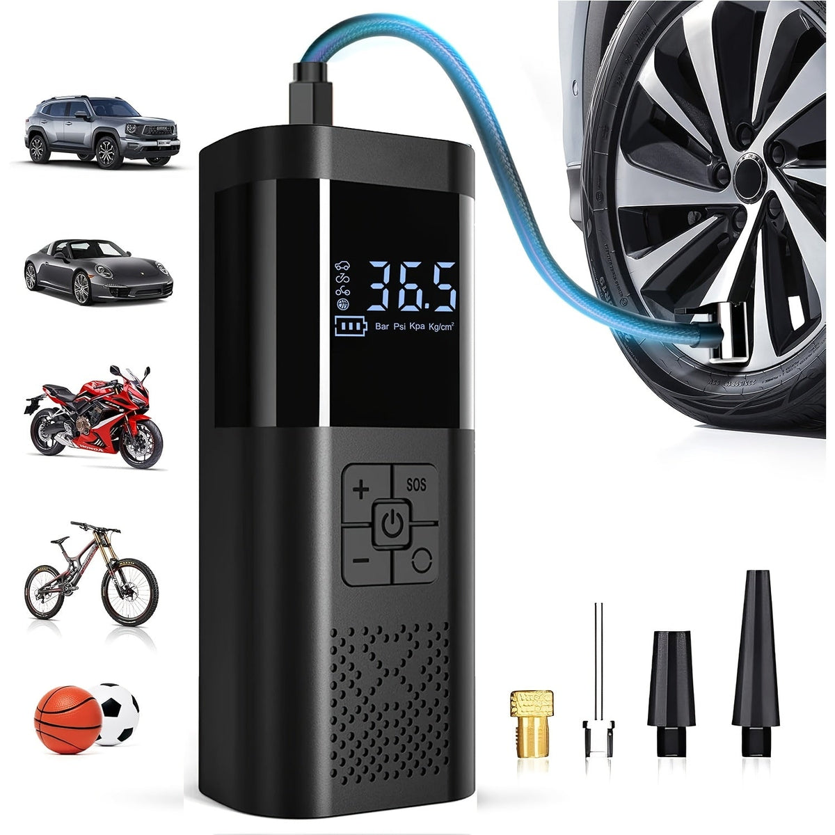 Portable air compressor with LCD screen and LED light -150 PSI inflator for cars, bicycles and sports equipment 0