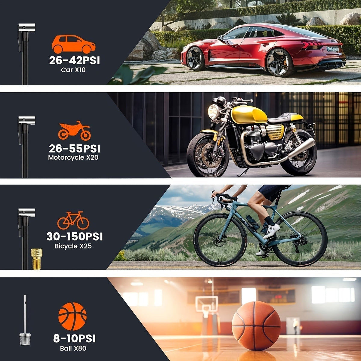 Portable air compressor with LCD screen and LED light -150 PSI inflator for cars, bicycles and sports equipment 4
