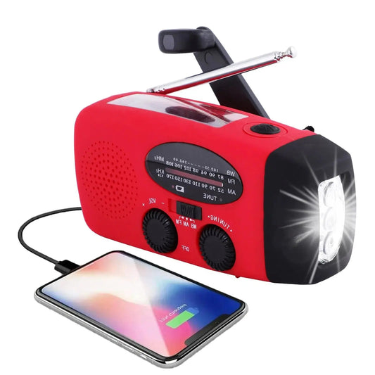 Portable emergency radio with flashlight and power bank solar, hand crank, USB-C load, waterproof, at/FM reception 0