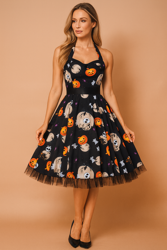 Retro Halloween dress with pumpkin and horror character print 0