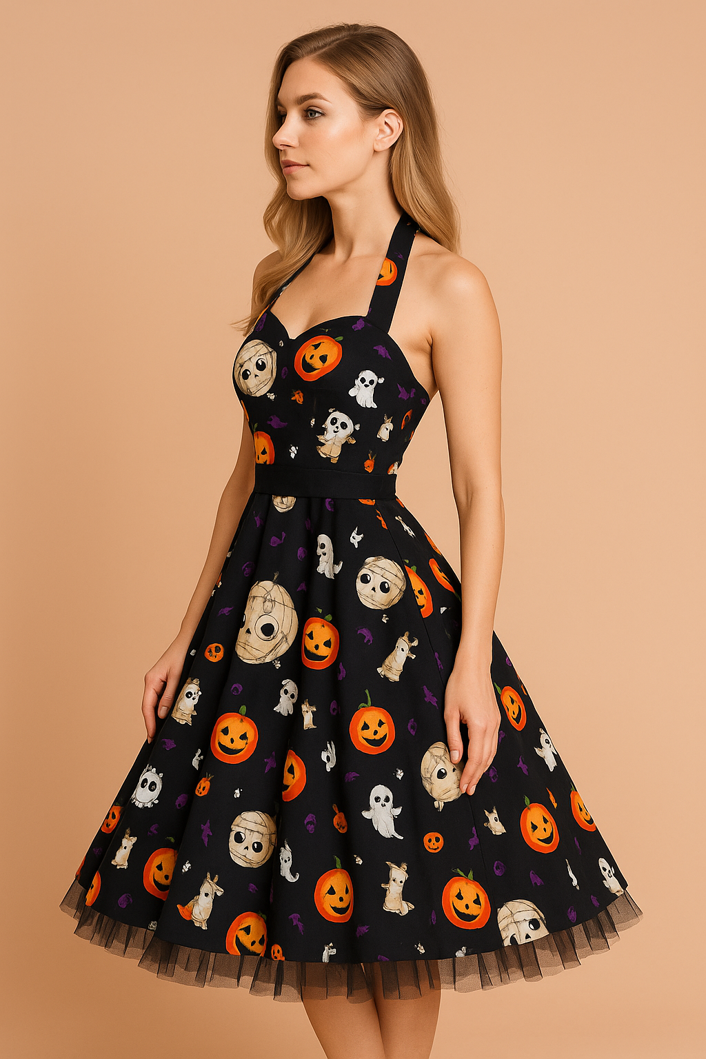Retro Halloween dress with pumpkin and horror character print 1