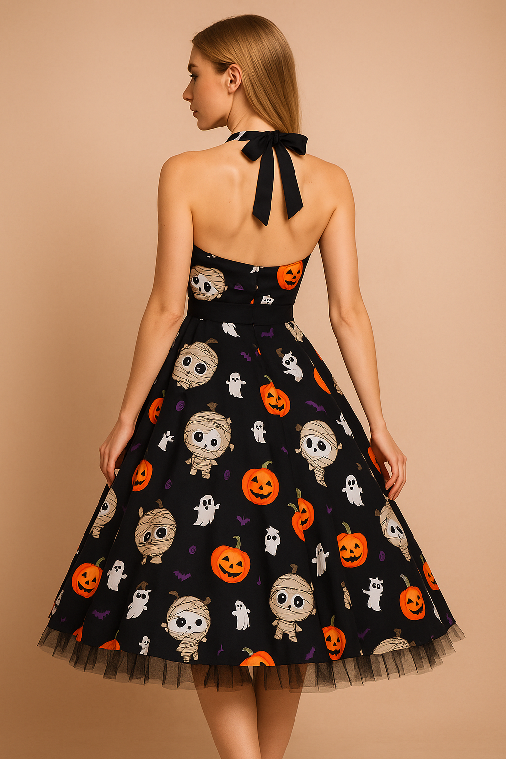 Retro Halloween dress with pumpkin and horror character print 2