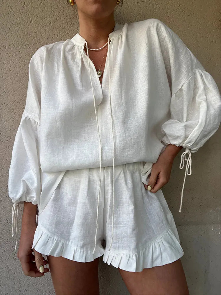 ZARA | Elegant V-Neck Shirt And Ruffle Shorts Set-4