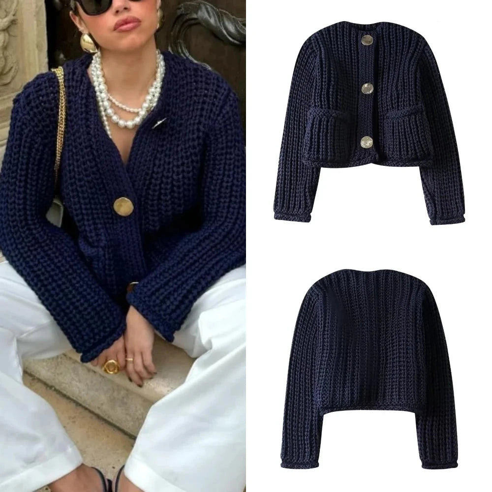 Cardigan tricoté bleu marine - Charme décontracté vintage