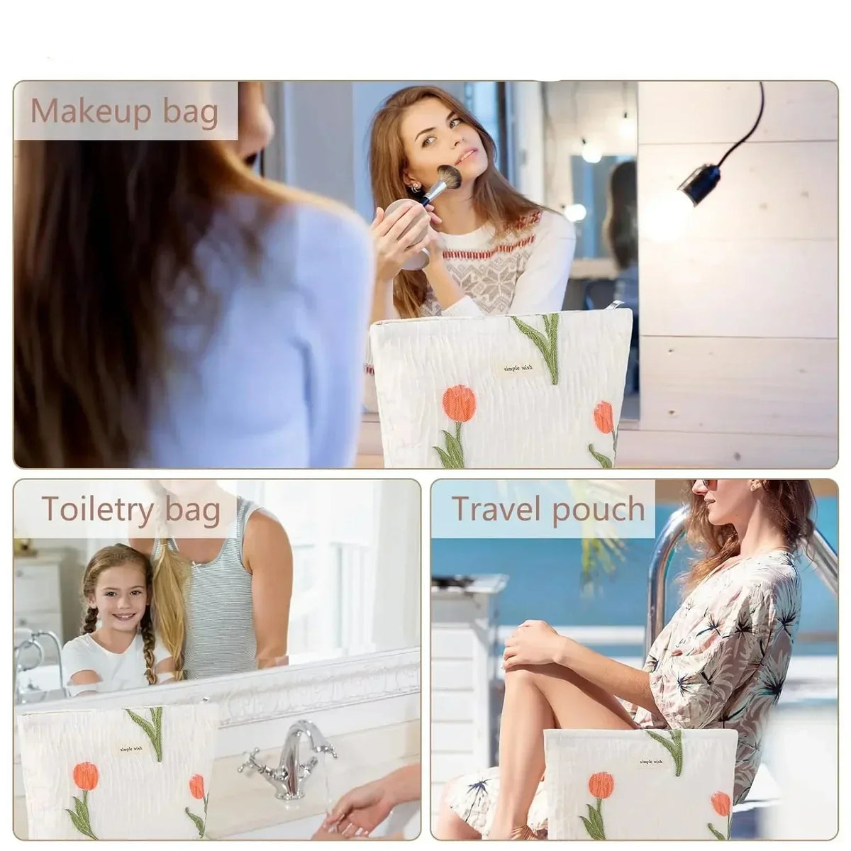Nataly | Tulip Flowers Quilted Canvas Cosmetic Makeup Bag 5