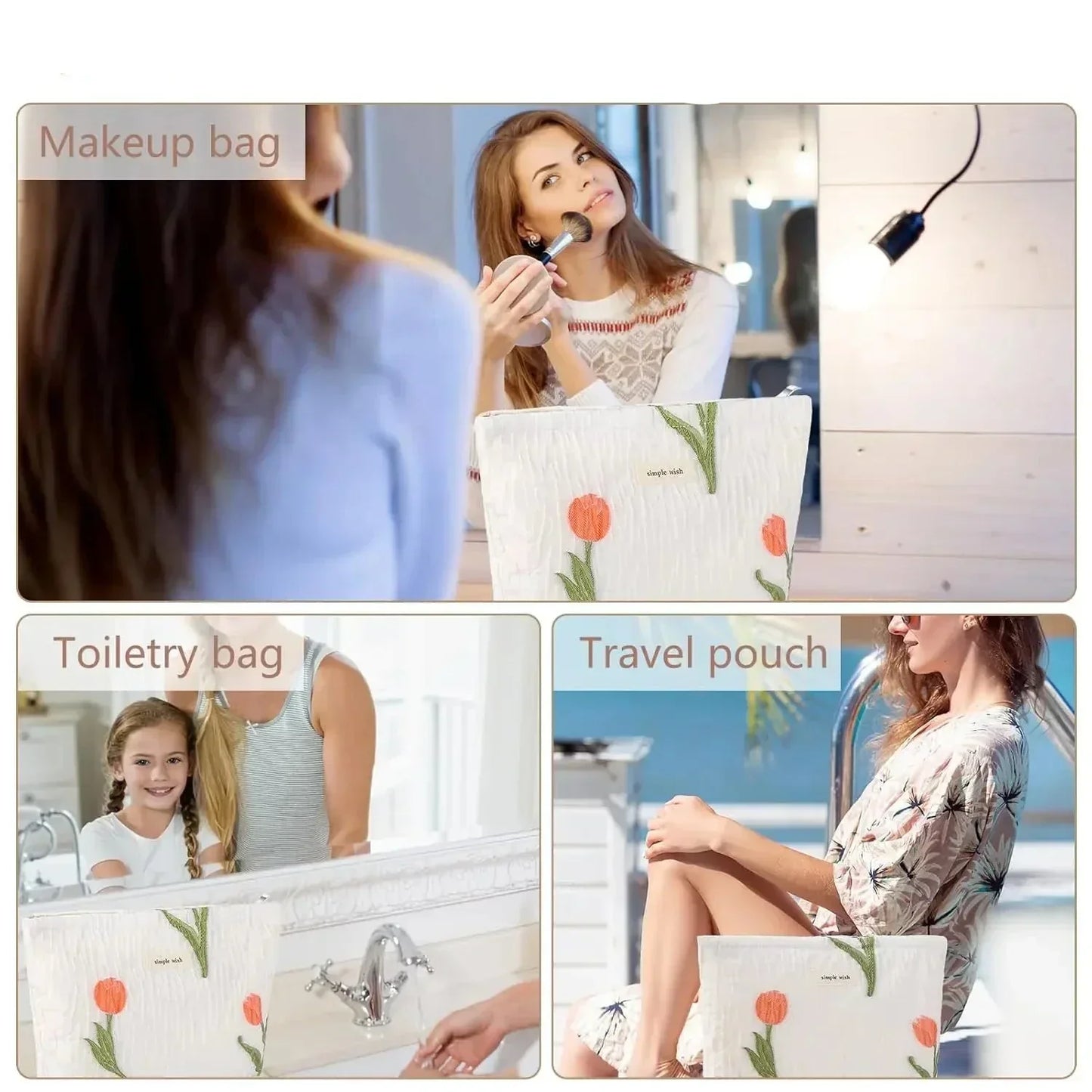 Nataly | Tulip Flowers Quilted Canvas Cosmetic Makeup Bag 5