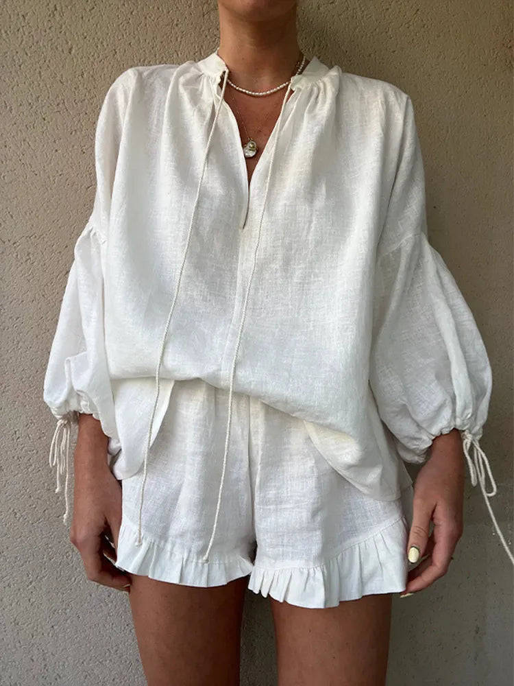 ZARA | Elegant V-Neck Shirt And Ruffle Shorts Set-3