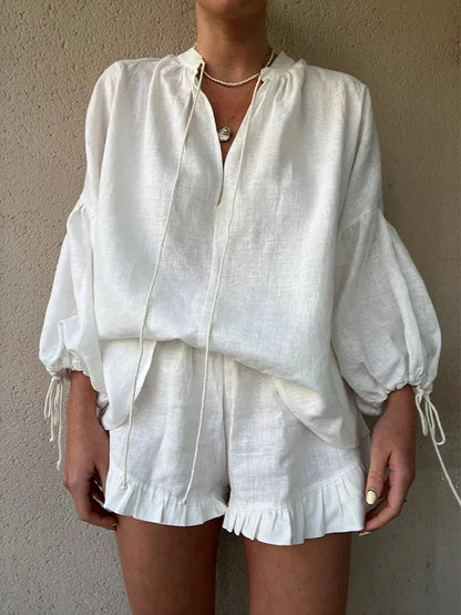 ZARA | Elegant V-Neck Shirt And Ruffle Shorts Set-3