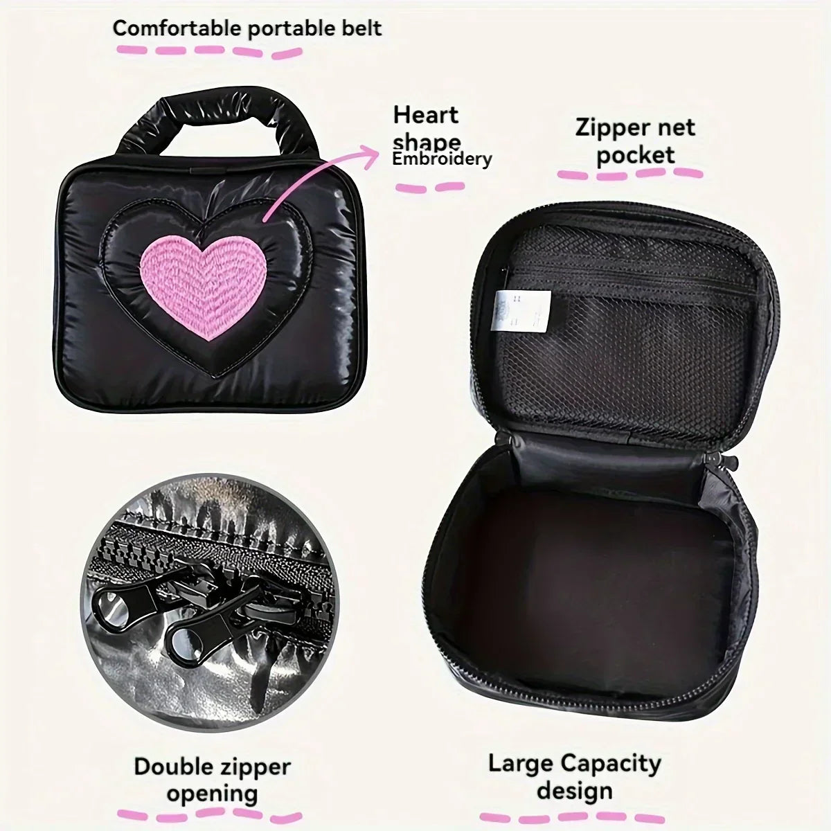 Etta | Heart Embroidery Travel Cosmetic Makeup Toiletry Bag 5