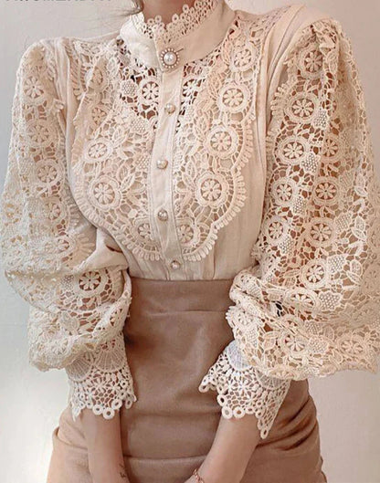  Margarett | Elegant Floral Lace Turtleneck Shirt-2