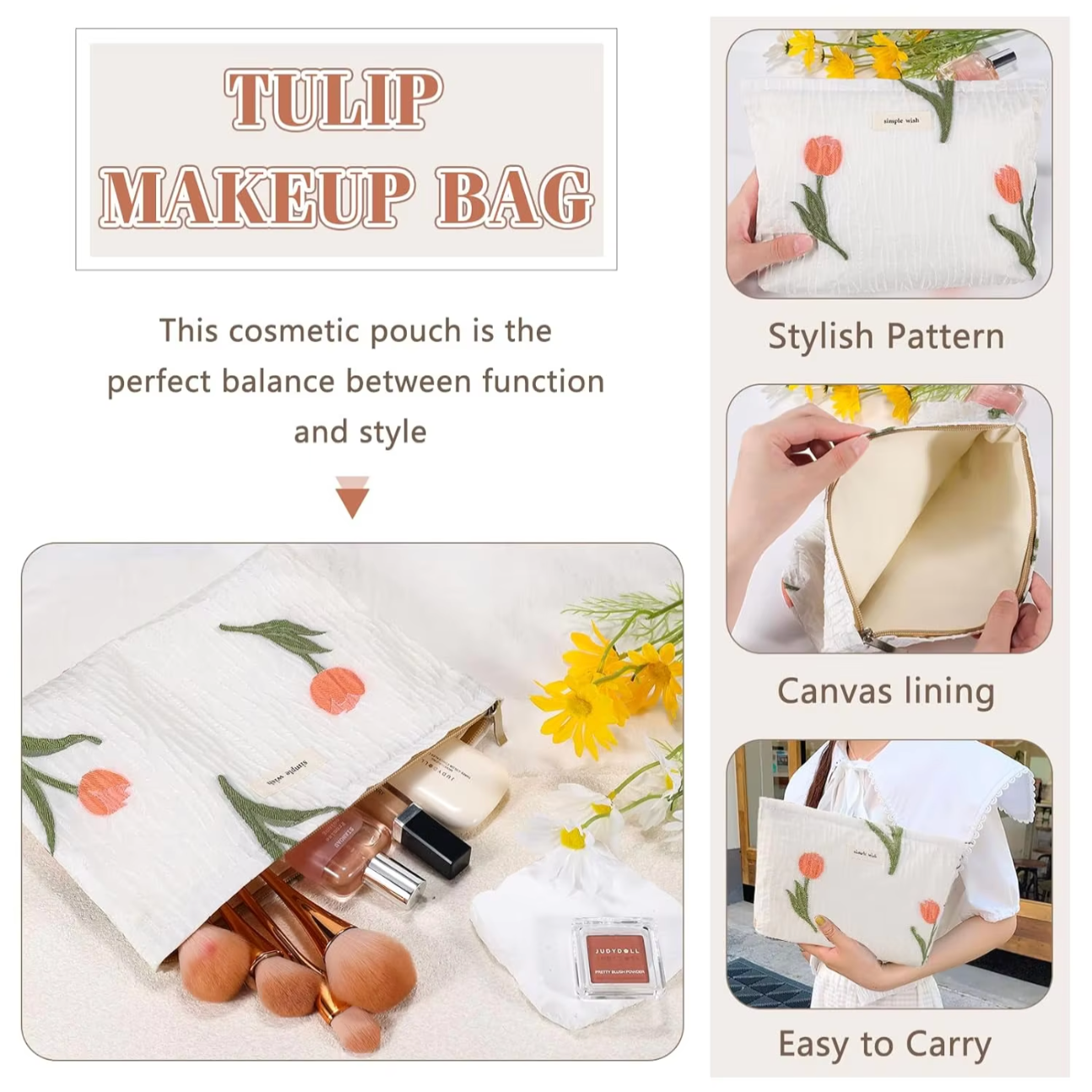 Nataly | Tulip Flowers Quilted Canvas Cosmetic Makeup Bag 2