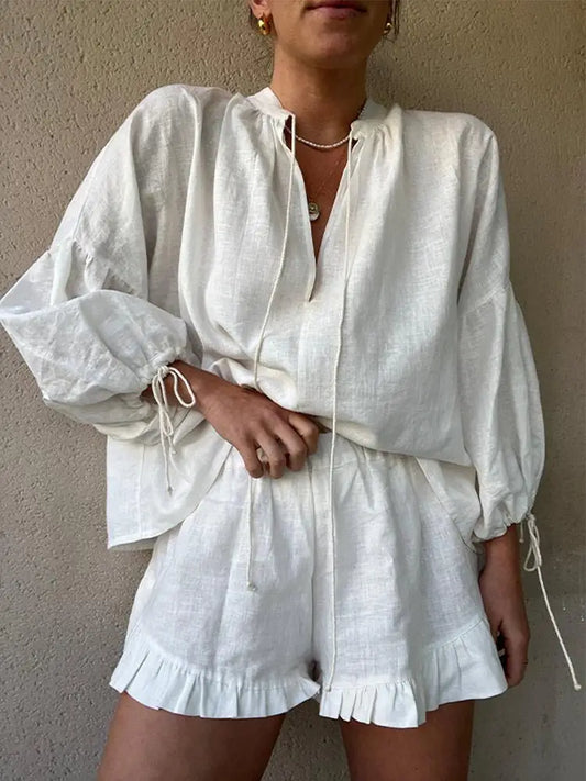 ZARA | Elegant V-Neck Shirt And Ruffle Shorts Set-1