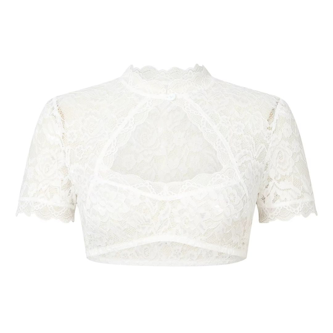 Short-sleeved lace crop top with stand-up collar and cut-out 0