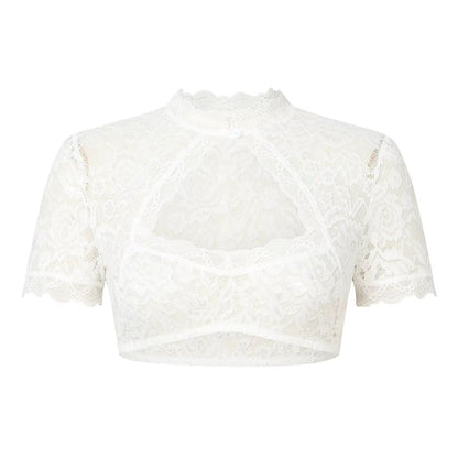 Short-sleeved lace crop top with stand-up collar and cut-out 0