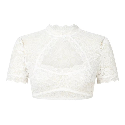Short-sleeved lace crop top with stand-up collar and cut-out 0