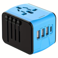 Universal travel adapter with 4 USB connections and type C-global compatibility, fast charging safety functions 0