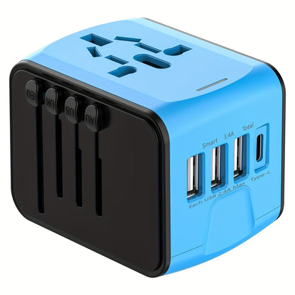 Universal travel adapter with 4 USB connections and type C-global compatibility, fast charging safety functions 1