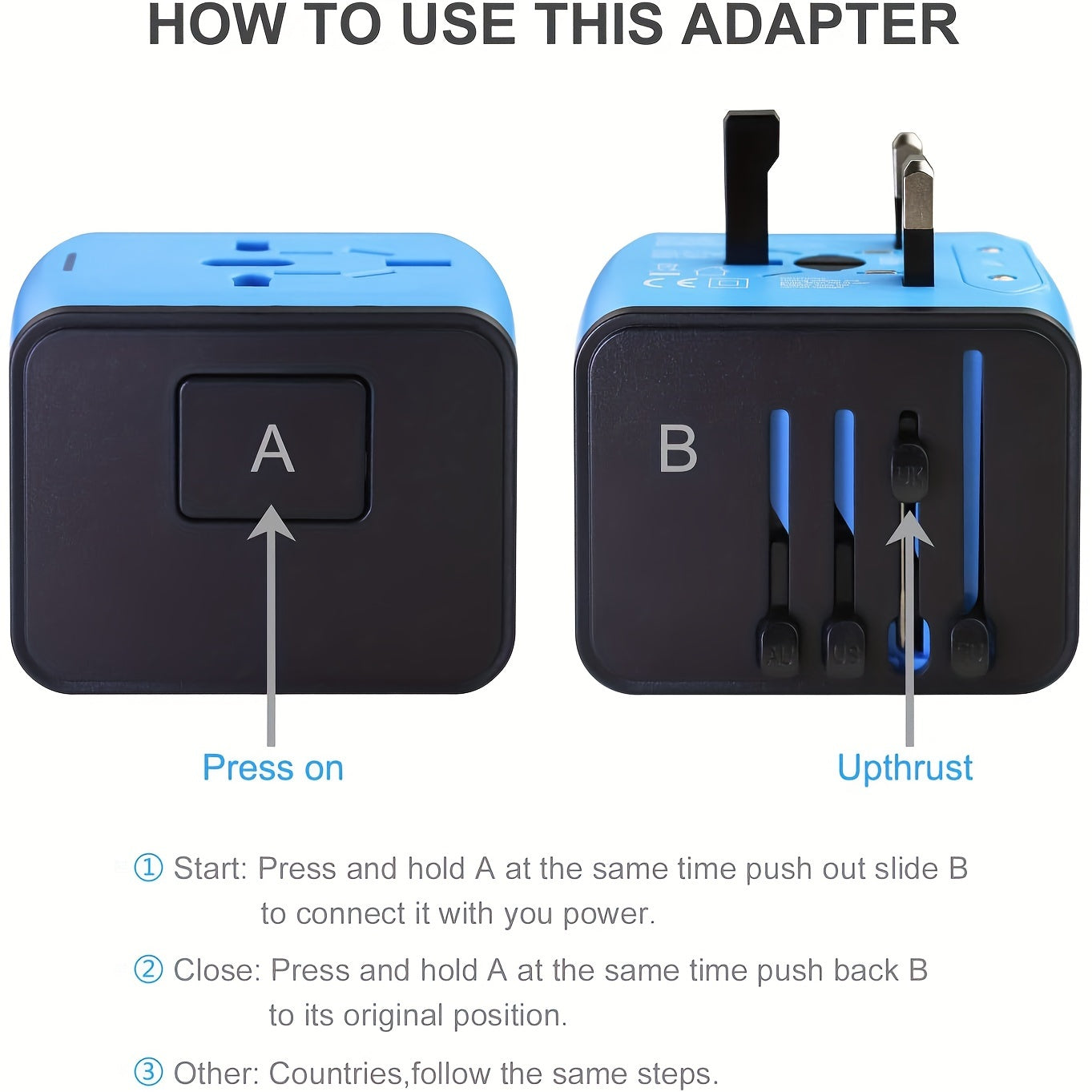 Universal travel adapter with 4 USB connections and type C-global compatibility, fast charging safety functions 4