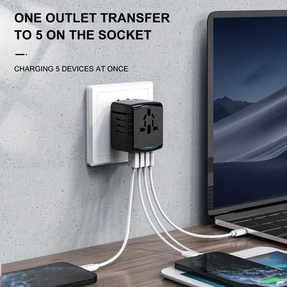 Universal travel adapter with 4 USB connections and type C-global compatibility, fast charging safety functions 5