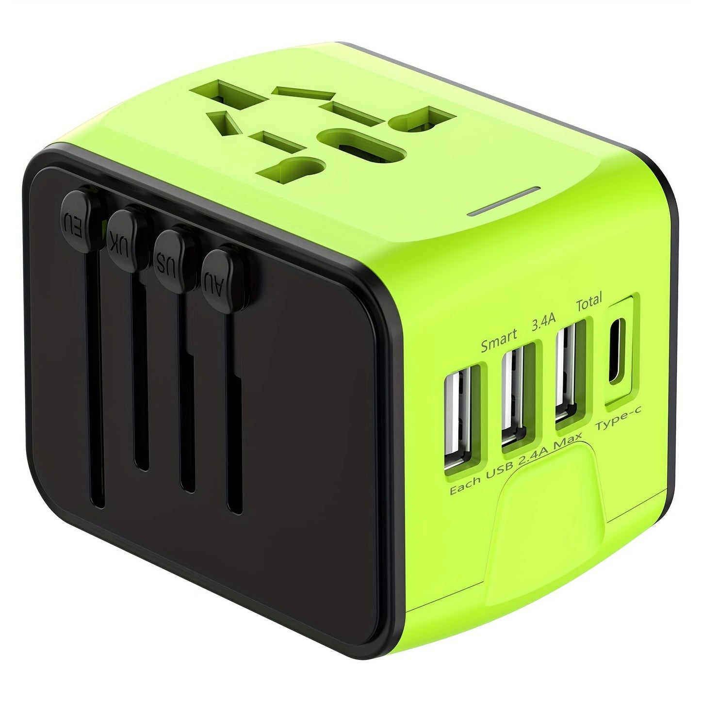 Universal travel adapter with 4 USB connections and type C-global compatibility, fast charging safety functions 7