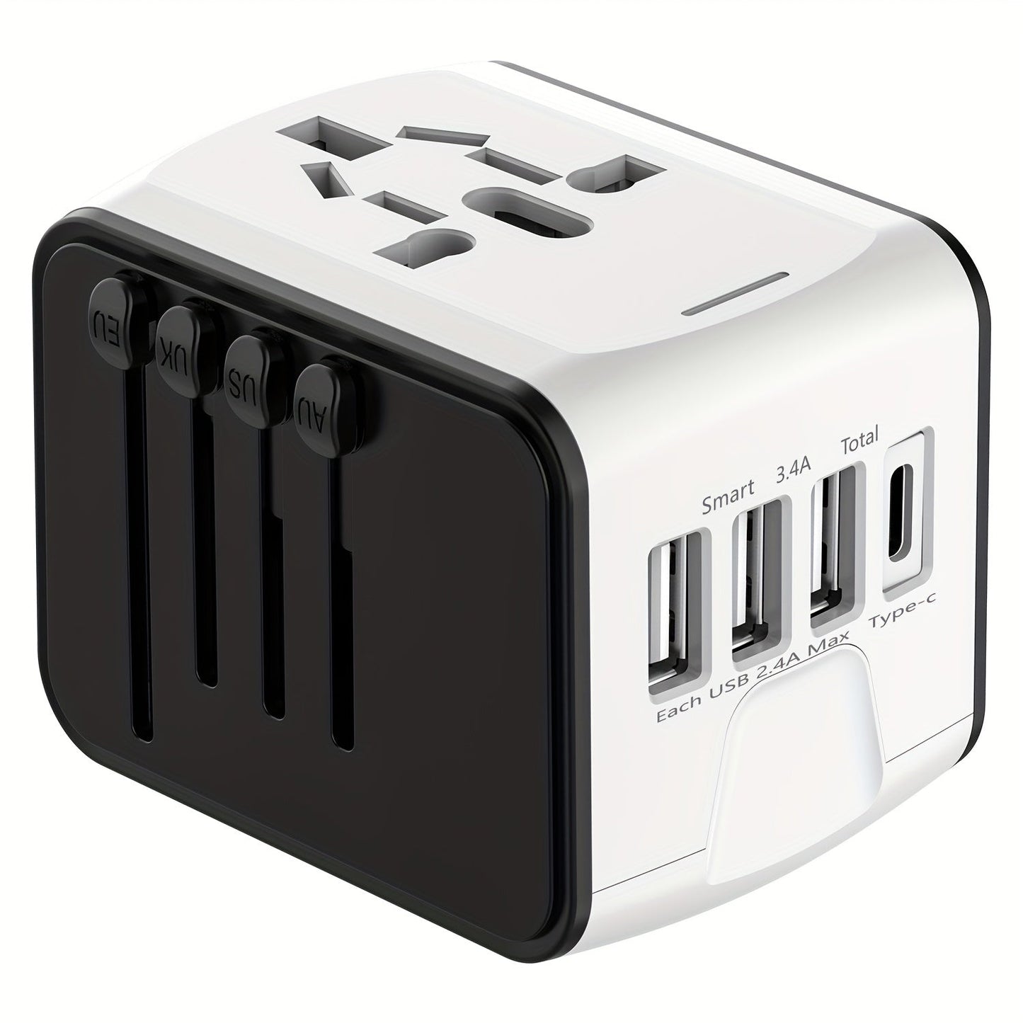 Universal travel adapter with 4 USB connections and type C-global compatibility, fast charging safety functions 8
