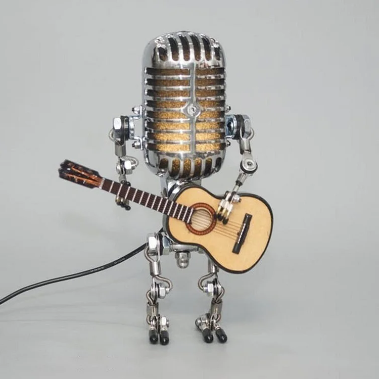 Vintage Metal Microphone Robot With Guitar Lamp 0