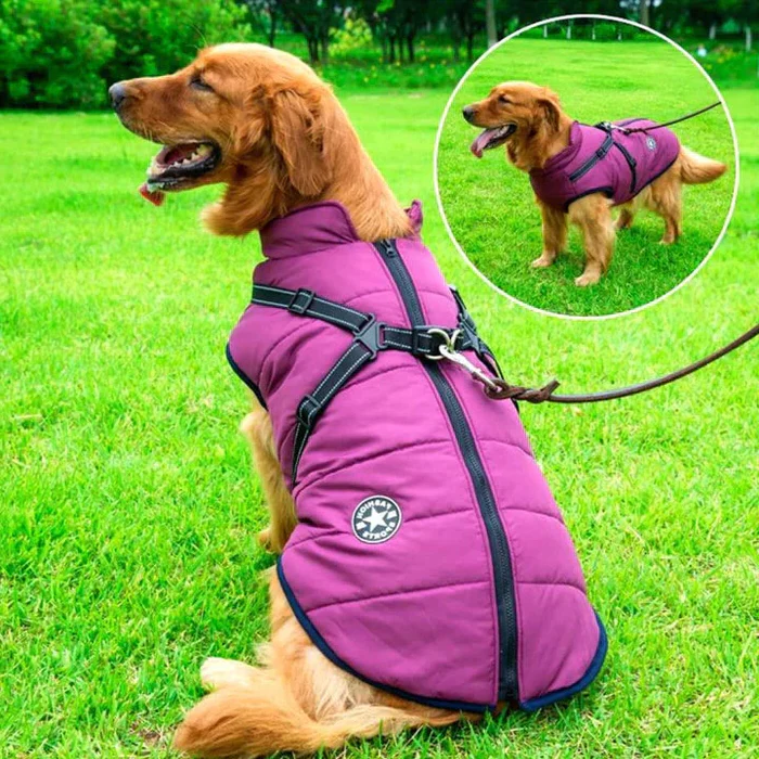 Waterproof Winter Dog Jacket - Sherpa-Fleece Lined - Built-in Harness 0
