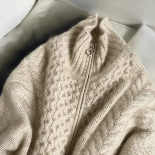 Women's cozy cable-knit zip-up cardigan | turtleneck 0