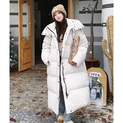 Women's long winter buffer down jacket | Hood 3