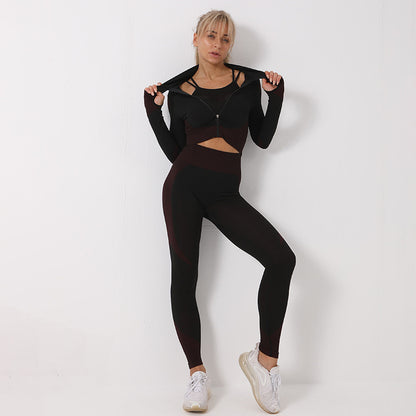 Ensemble de fitness haut de gamme 3 pièces : haut à manches longues, soutien-gorge de sport et leggings