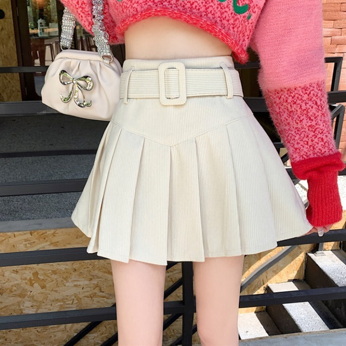 Corduroy Pleated Mini A-Line Skirt