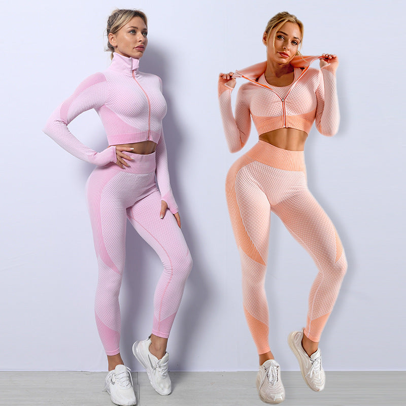 Ensemble de fitness haut de gamme 3 pièces : haut à manches longues, soutien-gorge de sport et leggings