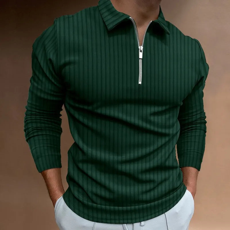 NEAL | Solid Color Ribbed Long Sleeve Polo Shirt-6