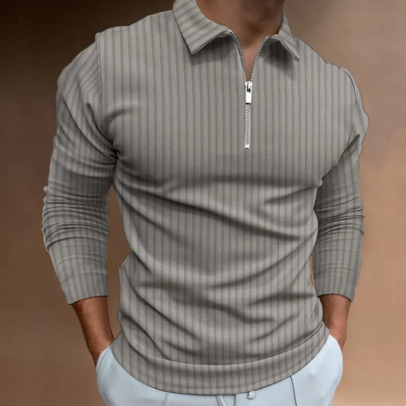 NEAL | Solid Color Ribbed Long Sleeve Polo Shirt-5