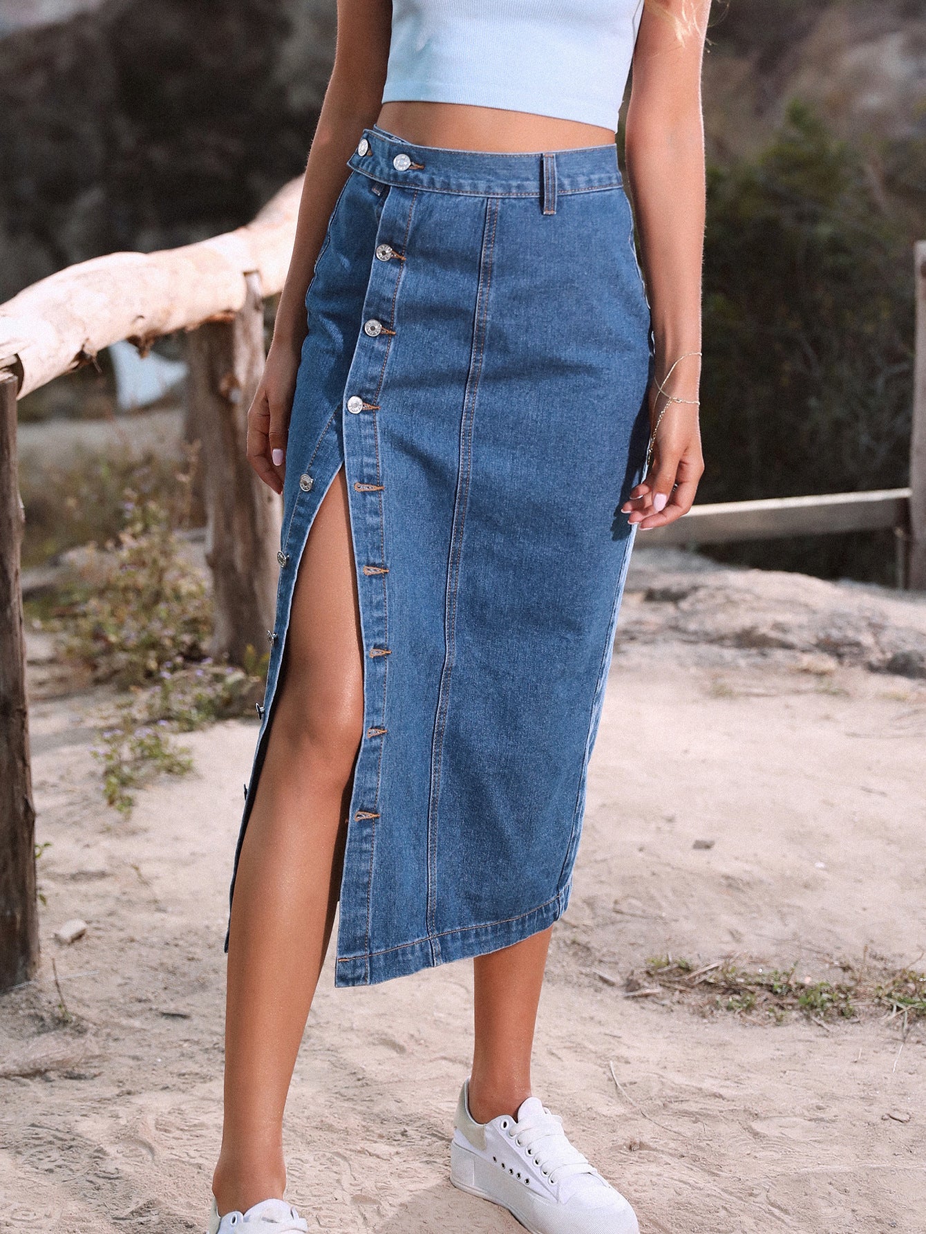 European Denim Button-Front A-Line Dress Skirt