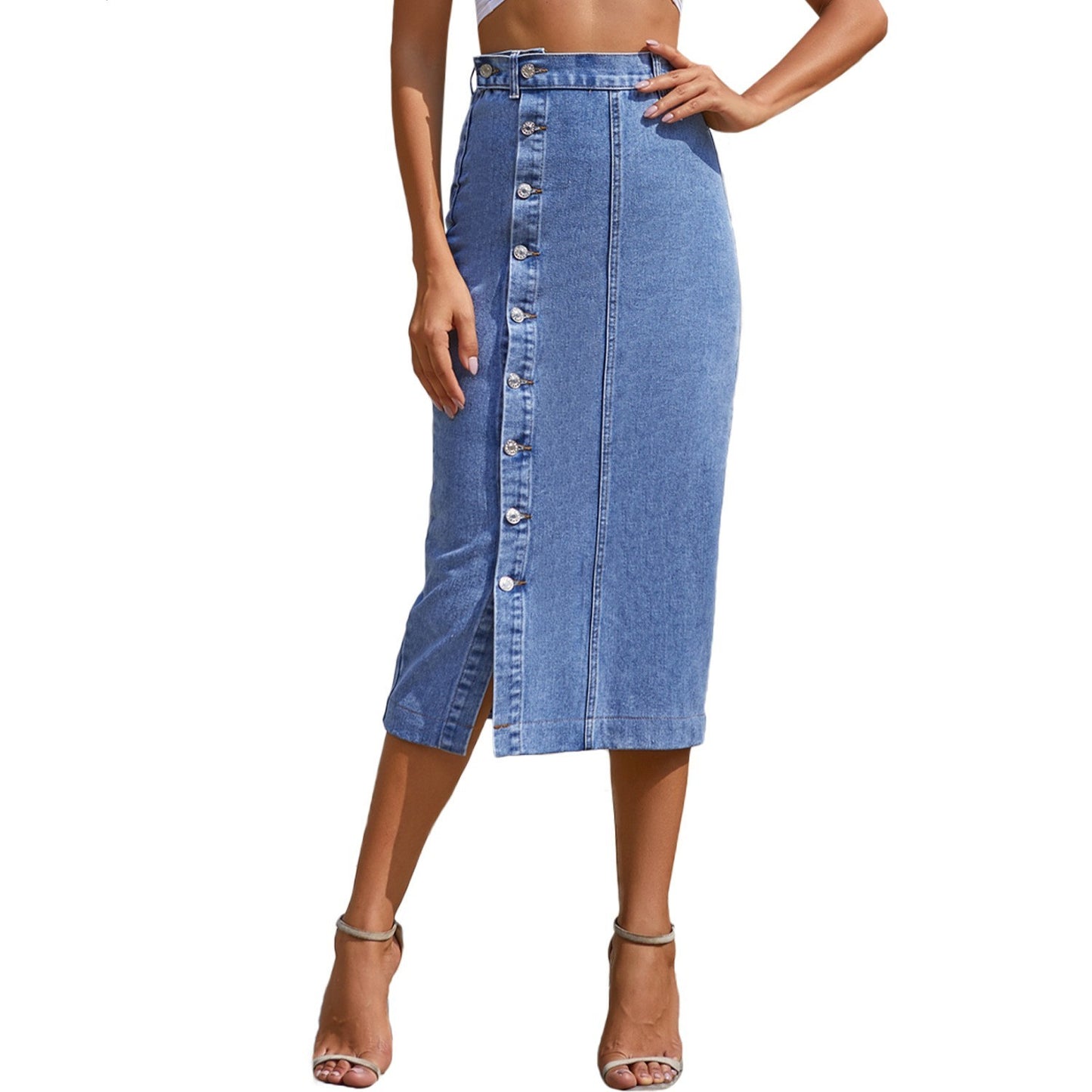 European Denim Button-Front A-Line Dress Skirt