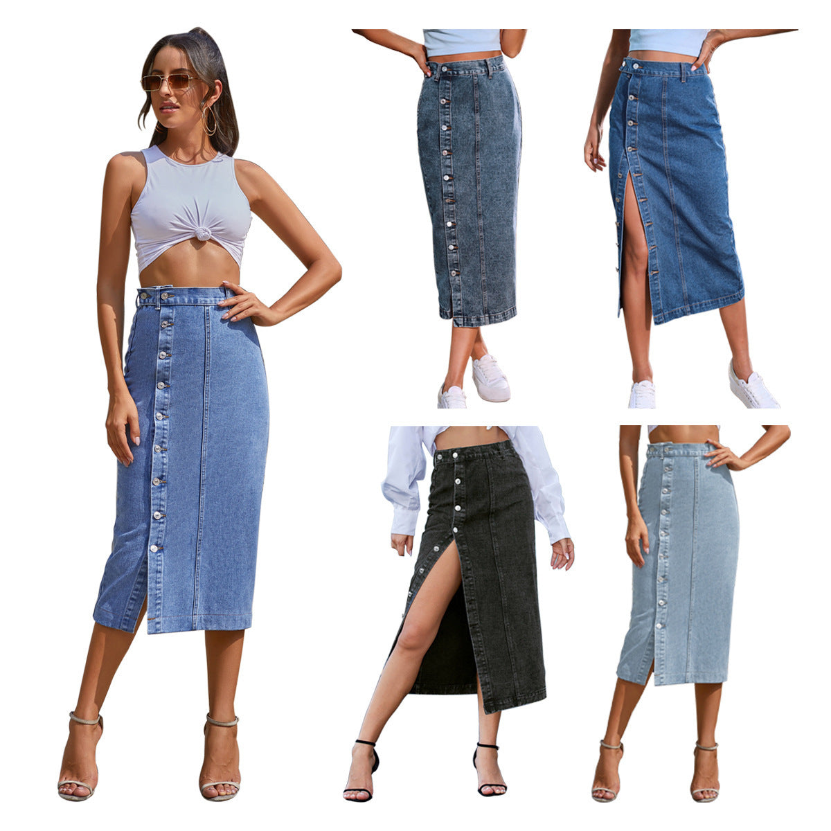 European Denim Button-Front A-Line Dress Skirt