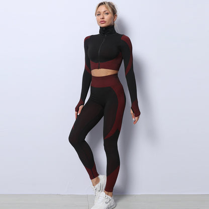 Ensemble de fitness haut de gamme 3 pièces : haut à manches longues, soutien-gorge de sport et leggings