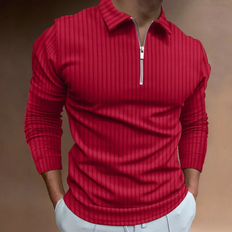 NEAL | Solid Color Ribbed Long Sleeve Polo Shirt-3